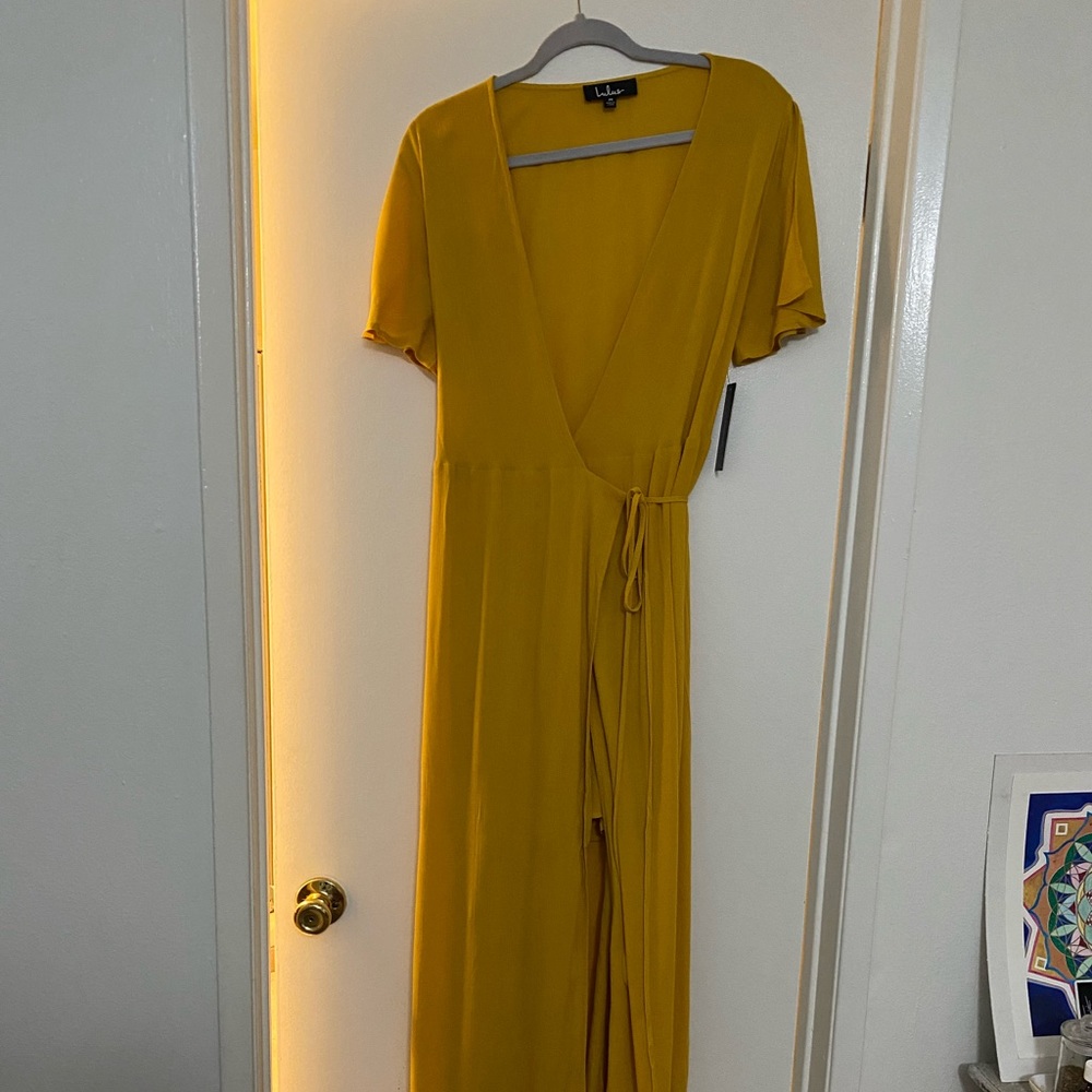 Lulus Much Obliged Golden Yellow Wrap Maxi Dress